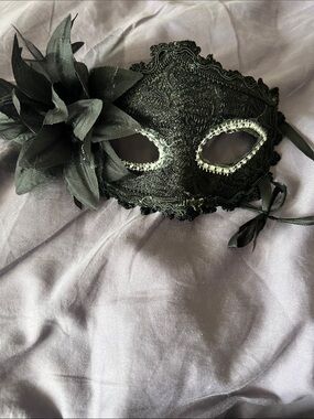Black Lace Masquerade Mask with Flower Accent